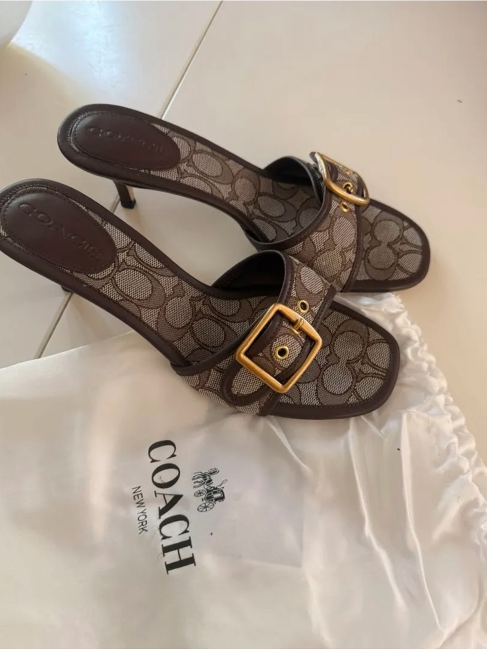 Coach Brown Used Margot heels with Gold buckle